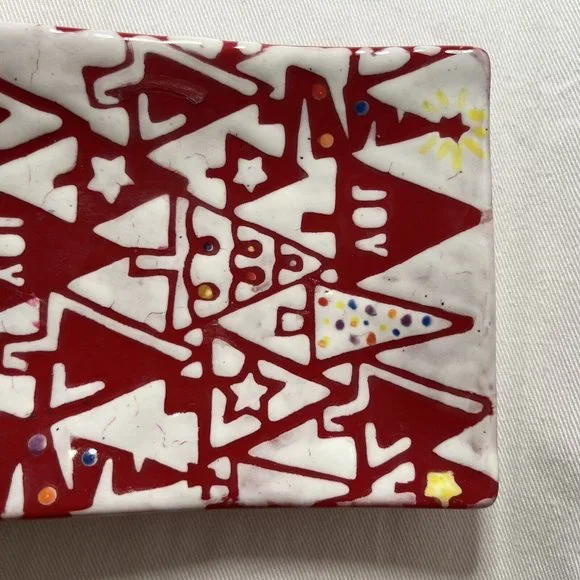 Candy Dish Made in Italy Rectangle Christmas Tree Pattern Red Bright Stars READ - Picture 8 of 10